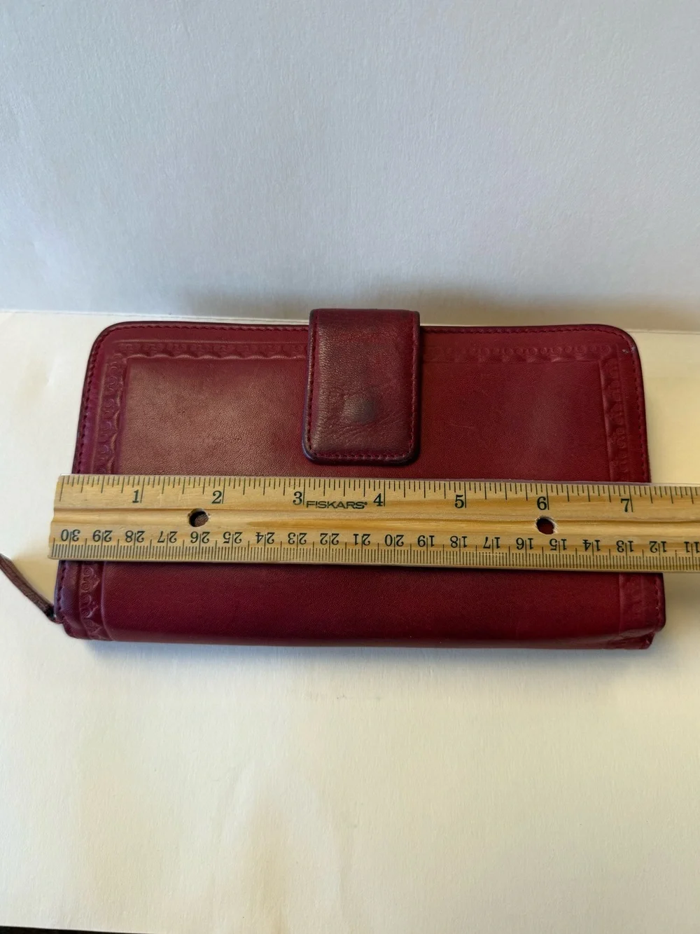 Vintage Deep Red Leather Zip-Around Wallet with Lots of Pockets.